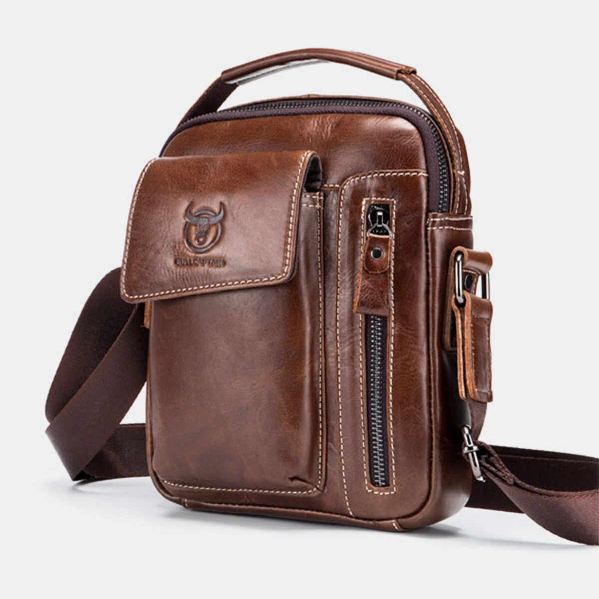 BULLCAPTAIN Genuine Leather Business Messenger Bag Retro Mini Vintage Shoulder Bag Crossbody Bag for Men Multi-functional Leather Mobile Phone Bags — BULLCAPTAIN