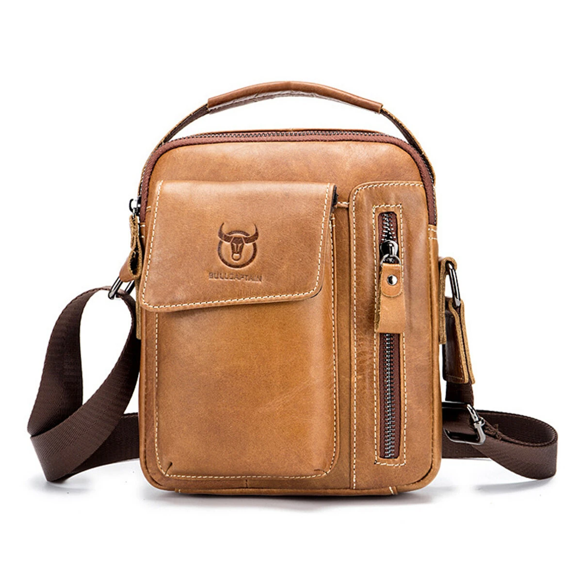 BULLCAPTAIN Genuine Leather Business Messenger Bag Retro Mini Vintage Shoulder Bag Crossbody Bag for Men Multi-functional Leather Mobile Phone Bags — view 10