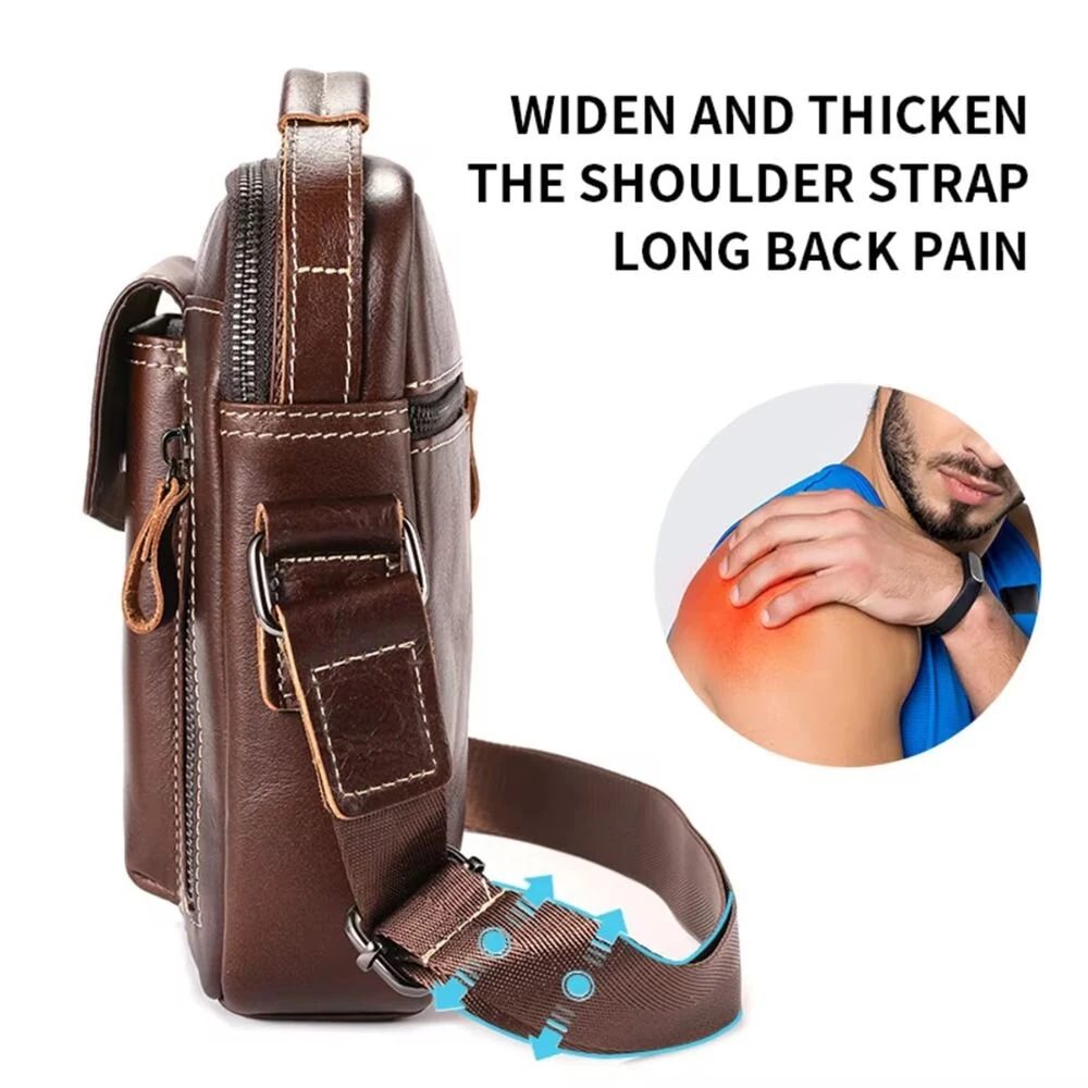 BULLCAPTAIN Genuine Leather Business Messenger Bag Retro Mini Vintage Shoulder Bag Crossbody Bag for Men Multi-functional Leather Mobile Phone Bags — view 3