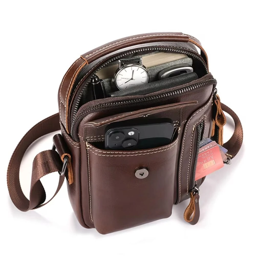 BULLCAPTAIN Genuine Leather Business Messenger Bag Retro Mini Vintage Shoulder Bag Crossbody Bag for Men Multi-functional Leather Mobile Phone Bags — view 4
