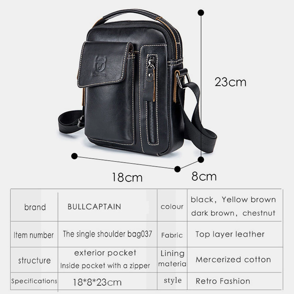 BULLCAPTAIN Genuine Leather Business Messenger Bag Retro Mini Vintage Shoulder Bag Crossbody Bag for Men Multi-functional Leather Mobile Phone Bags — view 5