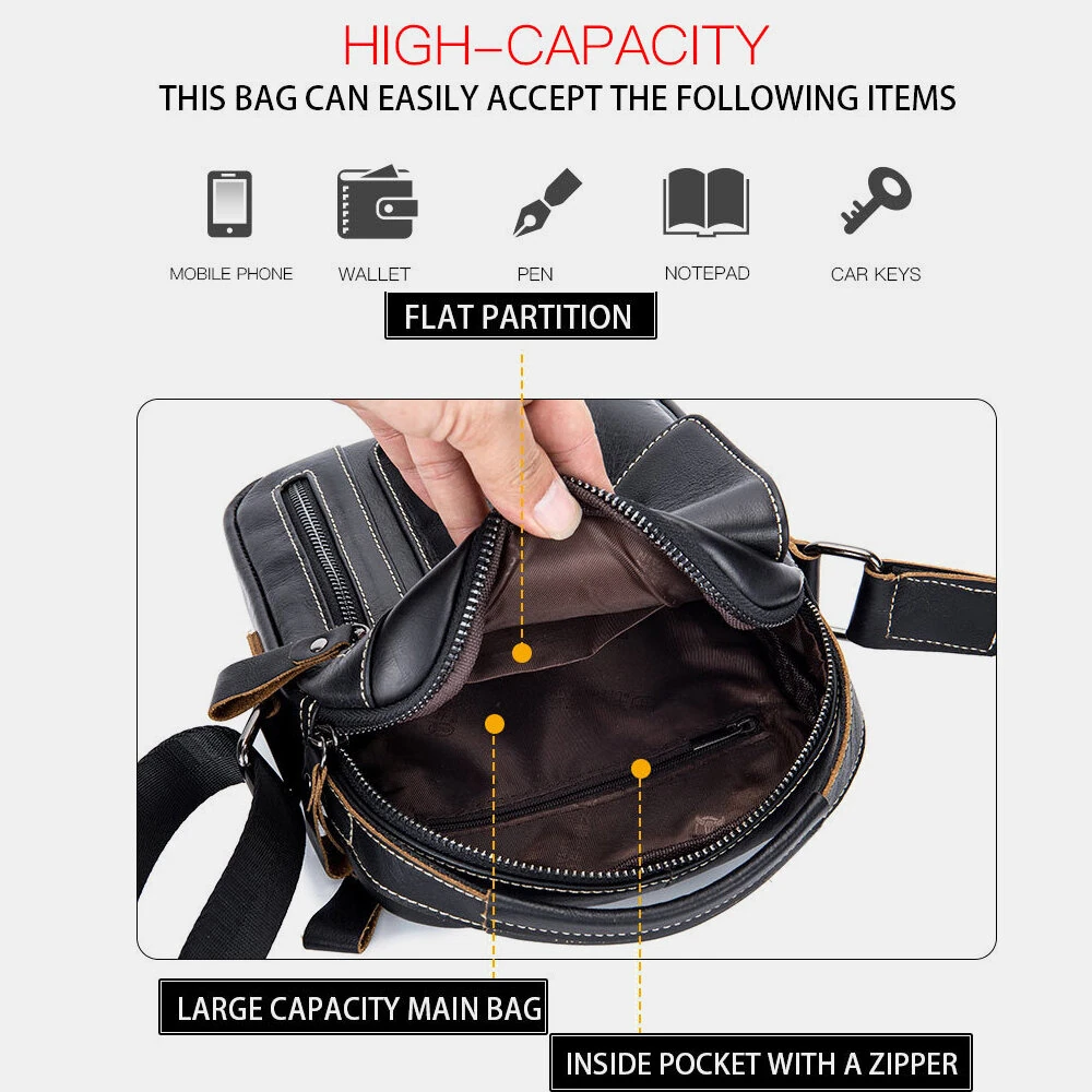 BULLCAPTAIN Genuine Leather Business Messenger Bag Retro Mini Vintage Shoulder Bag Crossbody Bag for Men Multi-functional Leather Mobile Phone Bags — view 7