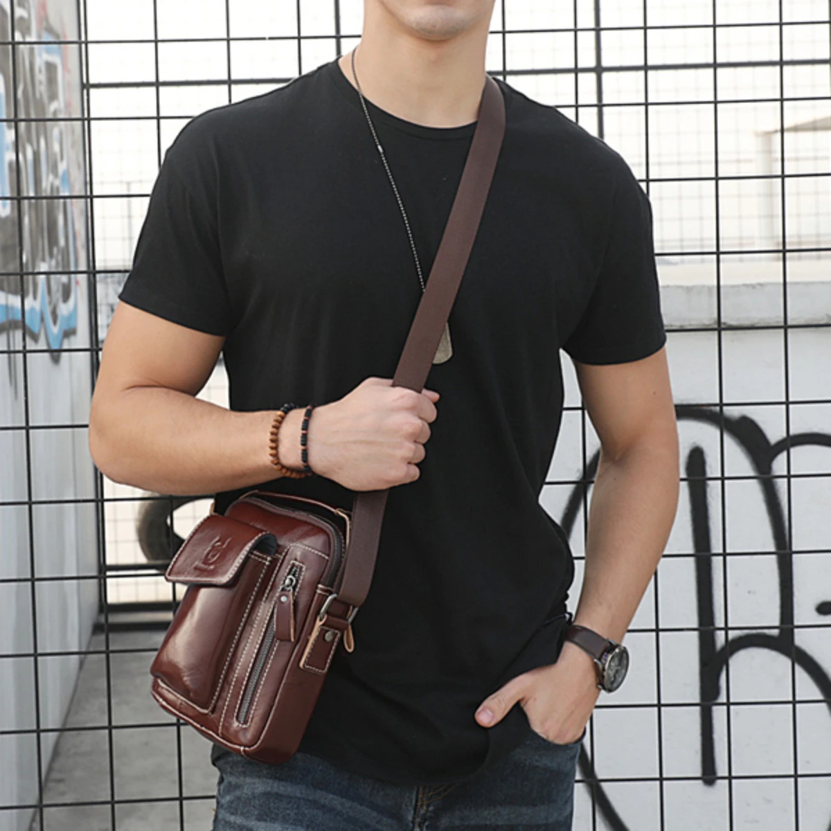BULLCAPTAIN Genuine Leather Business Messenger Bag Retro Mini Vintage Shoulder Bag Crossbody Bag for Men Multi-functional Leather Mobile Phone Bags — view 8