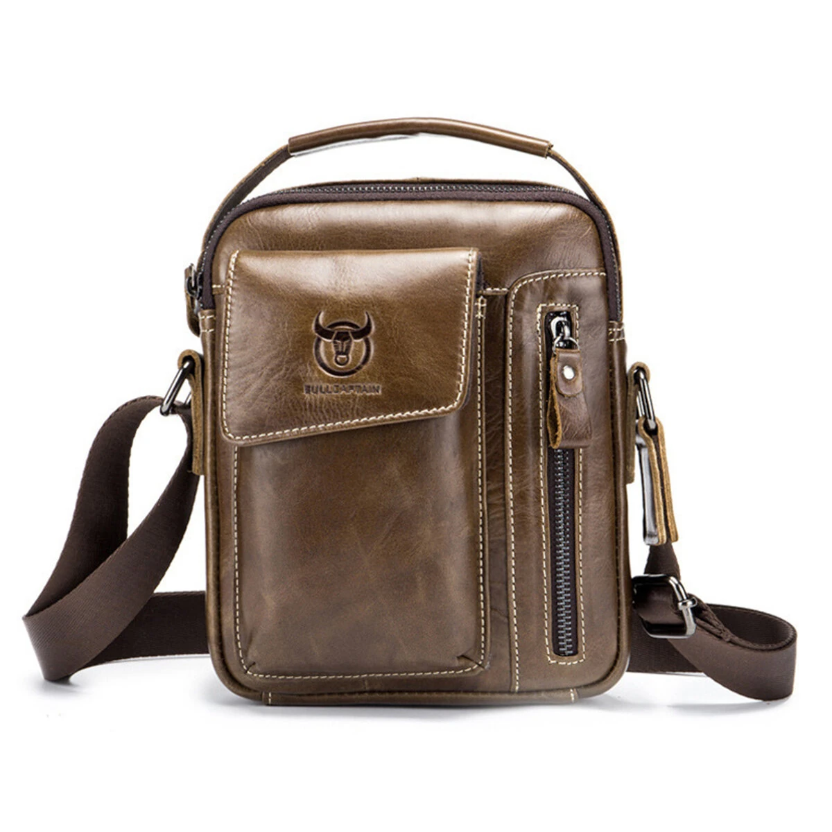 BULLCAPTAIN Genuine Leather Business Messenger Bag Retro Mini Vintage Shoulder Bag Crossbody Bag for Men Multi-functional Leather Mobile Phone Bags — view 9