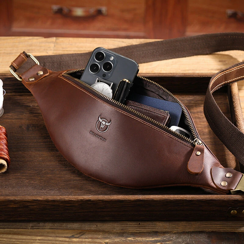 BULLCAPTAIN Genuine Leather Men's Belt Bag Crazy Horse Leather Casual Crossbody Bag Classic Retro Chest Bag Outdoor Storage Mountaineering Mobile Phone Bag Waist Bag — view 2