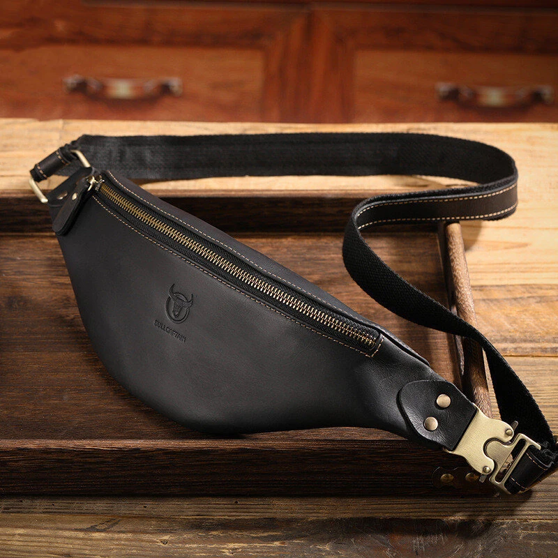 BULLCAPTAIN Genuine Leather Men's Belt Bag Crazy Horse Leather Casual Crossbody Bag Classic Retro Chest Bag Outdoor Storage Mountaineering Mobile Phone Bag Waist Bag — view 3