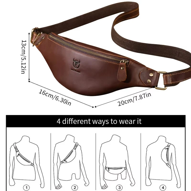 BULLCAPTAIN Genuine Leather Men's Belt Bag Crazy Horse Leather Casual Crossbody Bag Classic Retro Chest Bag Outdoor Storage Mountaineering Mobile Phone Bag Waist Bag — view 4