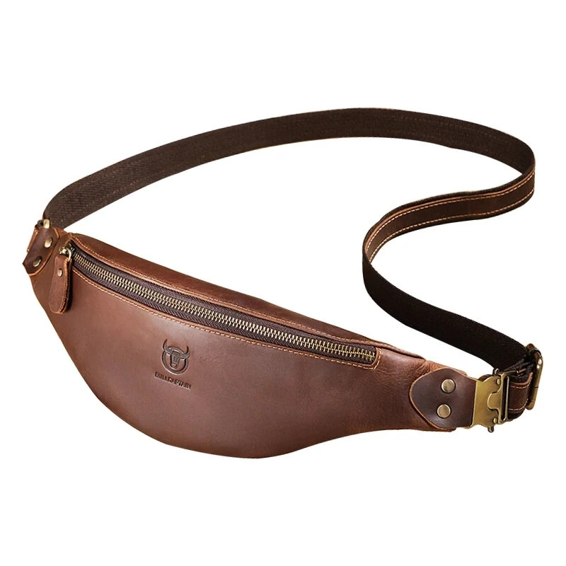 BULLCAPTAIN Genuine Leather Men's Belt Bag Crazy Horse Leather Casual Crossbody Bag Classic Retro Chest Bag Outdoor Storage Mountaineering Mobile Phone Bag Waist Bag — view 5