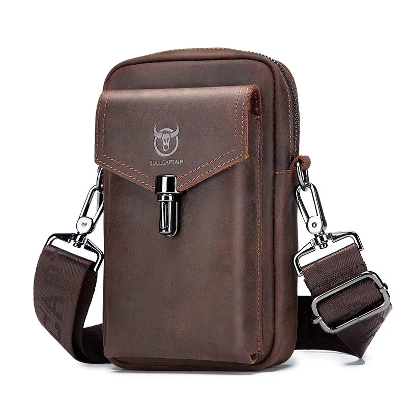 BULLCAPTAIN Genuine Leather Men's Waist Bags Crossbody Bages Multifunctional 7-inch Mobile Phone Practical Bag for Male Casual Shoulder Messenger Bages — image 1