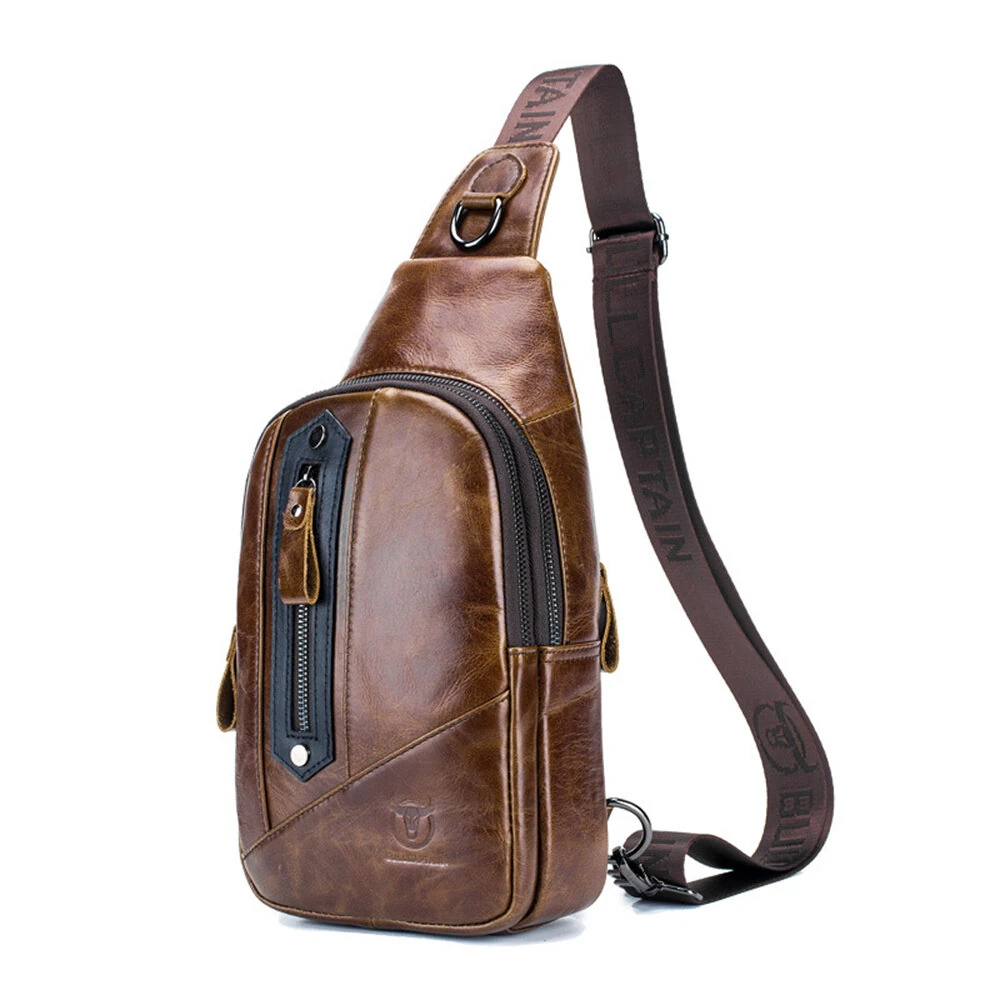 BULLCAPTAIN Men Genuine Leather Chest Bag Multi-pockets Compartment Fashion Casual Shoulder Backpack for Travel