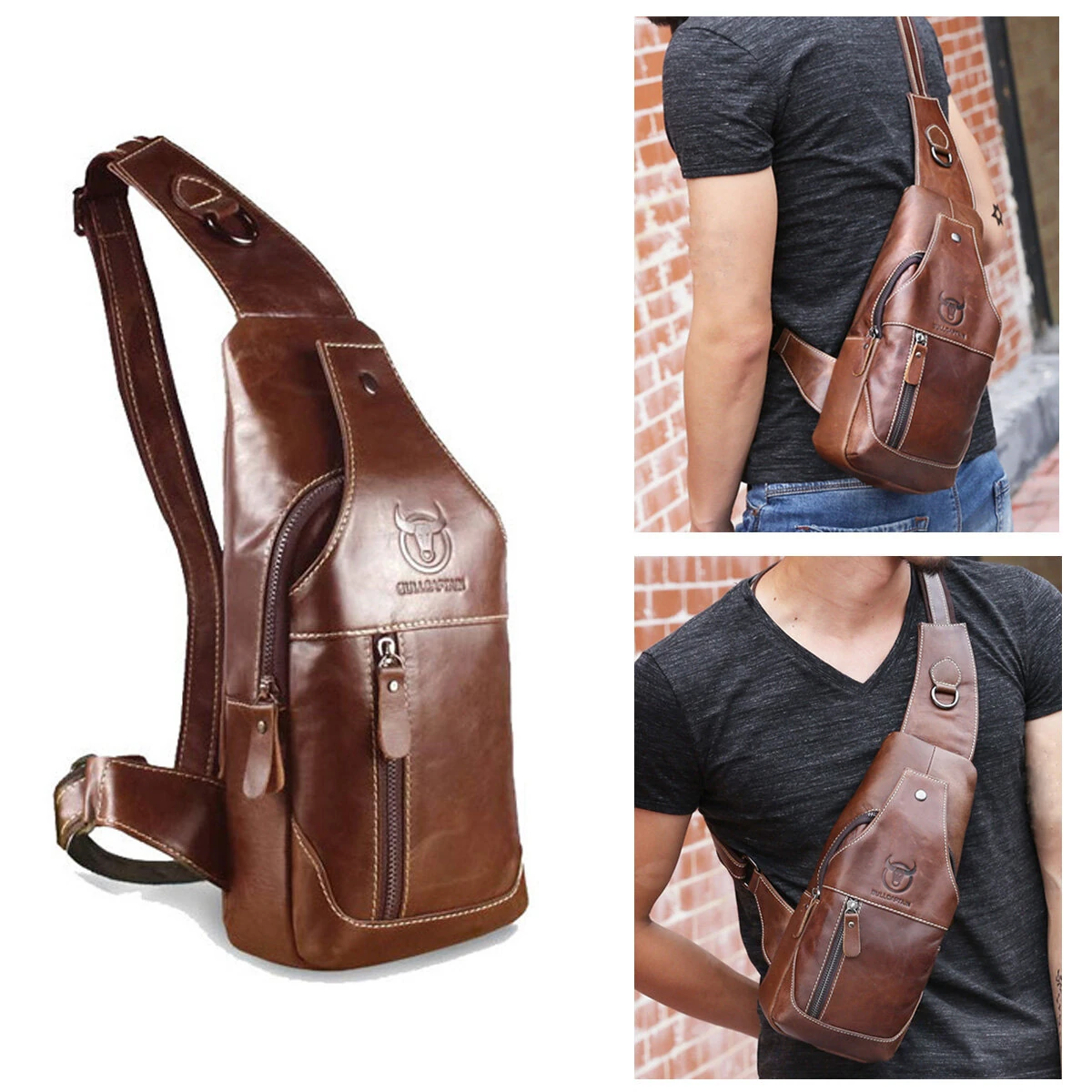 BULLCAPTAIN Men Genuine Leather Wear Resisting Textured Business Casual Brown Black Chest Bag Shoulder Crossbody Bag — BULLCAPTAIN