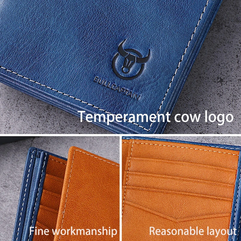 BULLCAPTAIN Men's Genuine Leather RFID Wallet Handmade Cowhide Thin Design Large Capacity Short Coin Purse Clip Business Casual Card Bag Gift — view 4