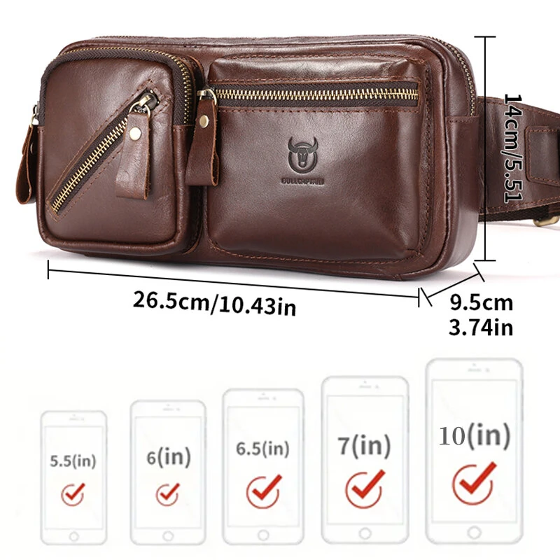 BULLCAPTAIN Men's Genuine Leather Waist Bag Large Capacity Chest Bag Outdoor Sports Zipper Fanny Packs — view 2