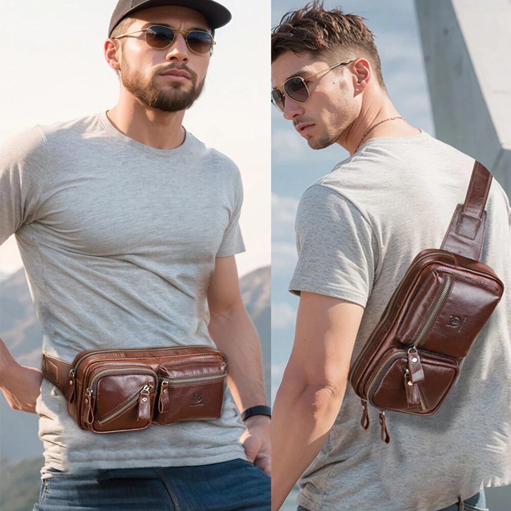 BULLCAPTAIN Men's Genuine Leather Waist Bag Large Capacity Chest Bag Outdoor Sports Zipper Fanny Packs — view 3