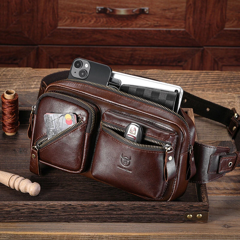 BULLCAPTAIN Men's Genuine Leather Waist Bag Large Capacity Chest Bag Outdoor Sports Zipper Fanny Packs — view 4