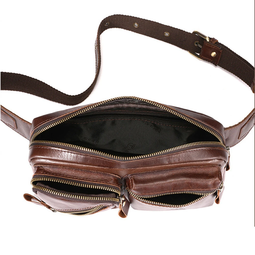 BULLCAPTAIN Men's Genuine Leather Waist Bag Large Capacity Chest Bag Outdoor Sports Zipper Fanny Packs — view 5