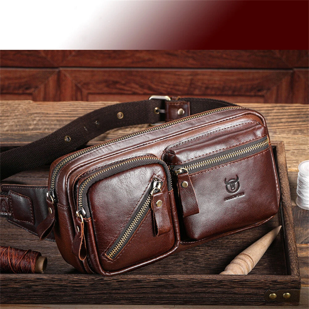 BULLCAPTAIN Men's Genuine Leather Waist Bag Large Capacity Chest Bag Outdoor Sports Zipper Fanny Packs — view 7