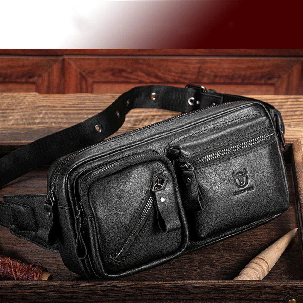 BULLCAPTAIN Men's Genuine Leather Waist Bag Large Capacity Chest Bag Outdoor Sports Zipper Fanny Packs — view 8