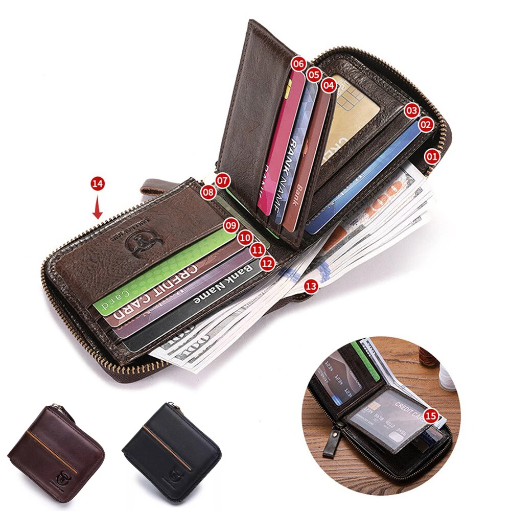 BULLCAPTAIN Men's Genuine Leather Wallet Horizontal Zipper Multi-card Design Business Card Holder Driver's License Money Clip