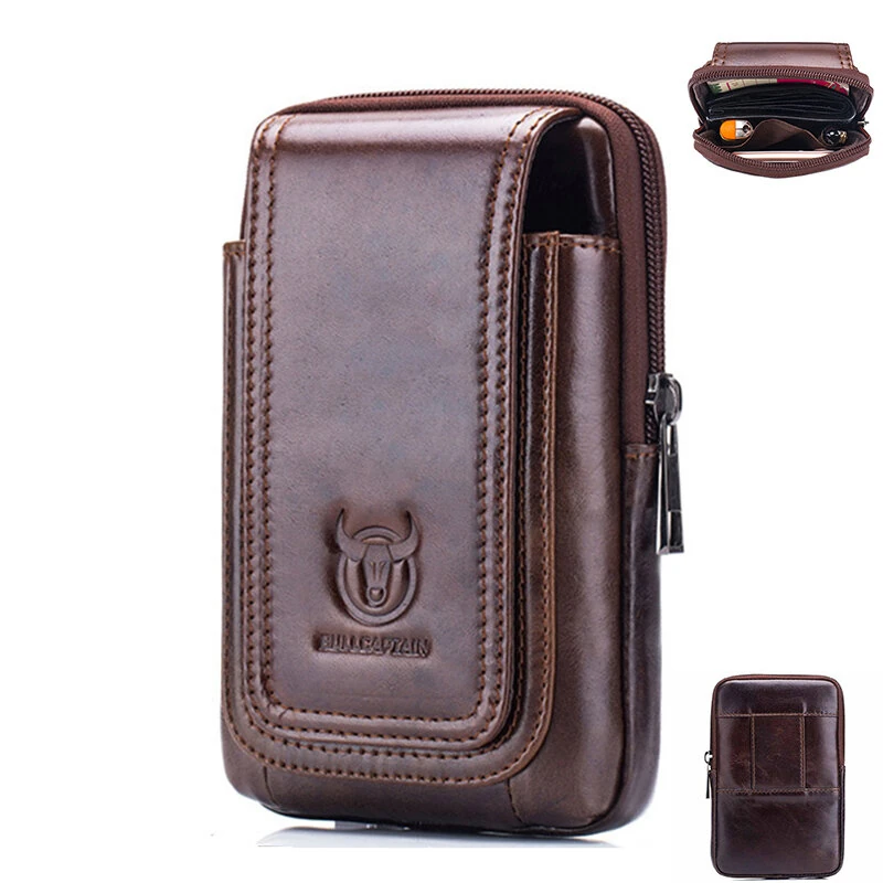 BULLCAPTAIN Men's Leather Belt Waist Bag Travel Small Fanny Pack Phone Pouch Multifunctional Male Waist Bag Leather Pouch — BULLCAPTAIN