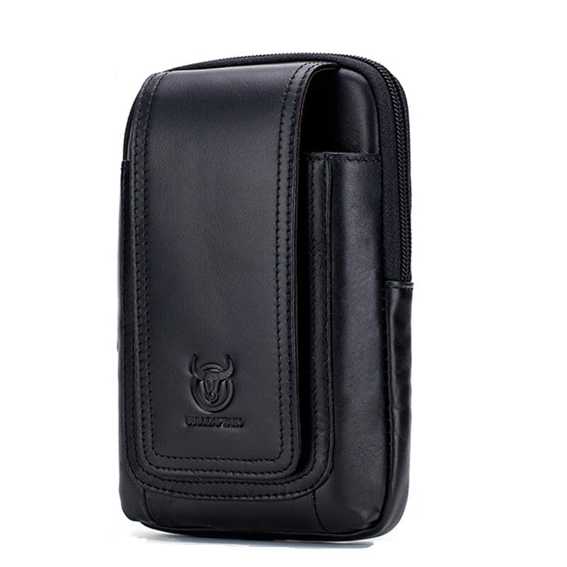 BULLCAPTAIN Men's Leather Belt Waist Bag Travel Small Fanny Pack Phone Pouch Multifunctional Male Waist Bag Leather Pouch — view 5