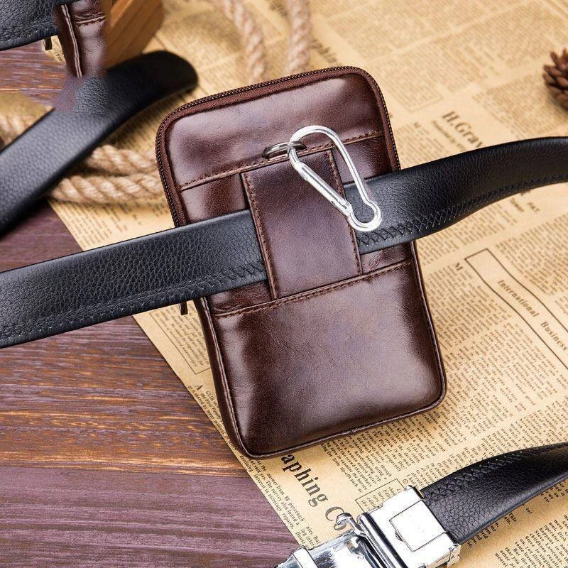 BULLCAPTAIN Men's Leather Belt Waist Bag Travel Small Fanny Pack Phone Pouch Multifunctional Male Waist Bag Leather Pouch — view 8