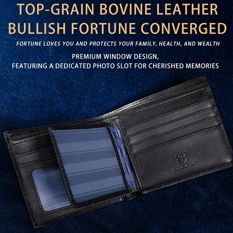 BULLCAPTAIN Men's RFID Genuine Leather Billfold Wallet with Gift Box Business Casual Multi-Card Slot Card Holder Money Clip Gift for Boyfriend Father Husband Gift — view 4