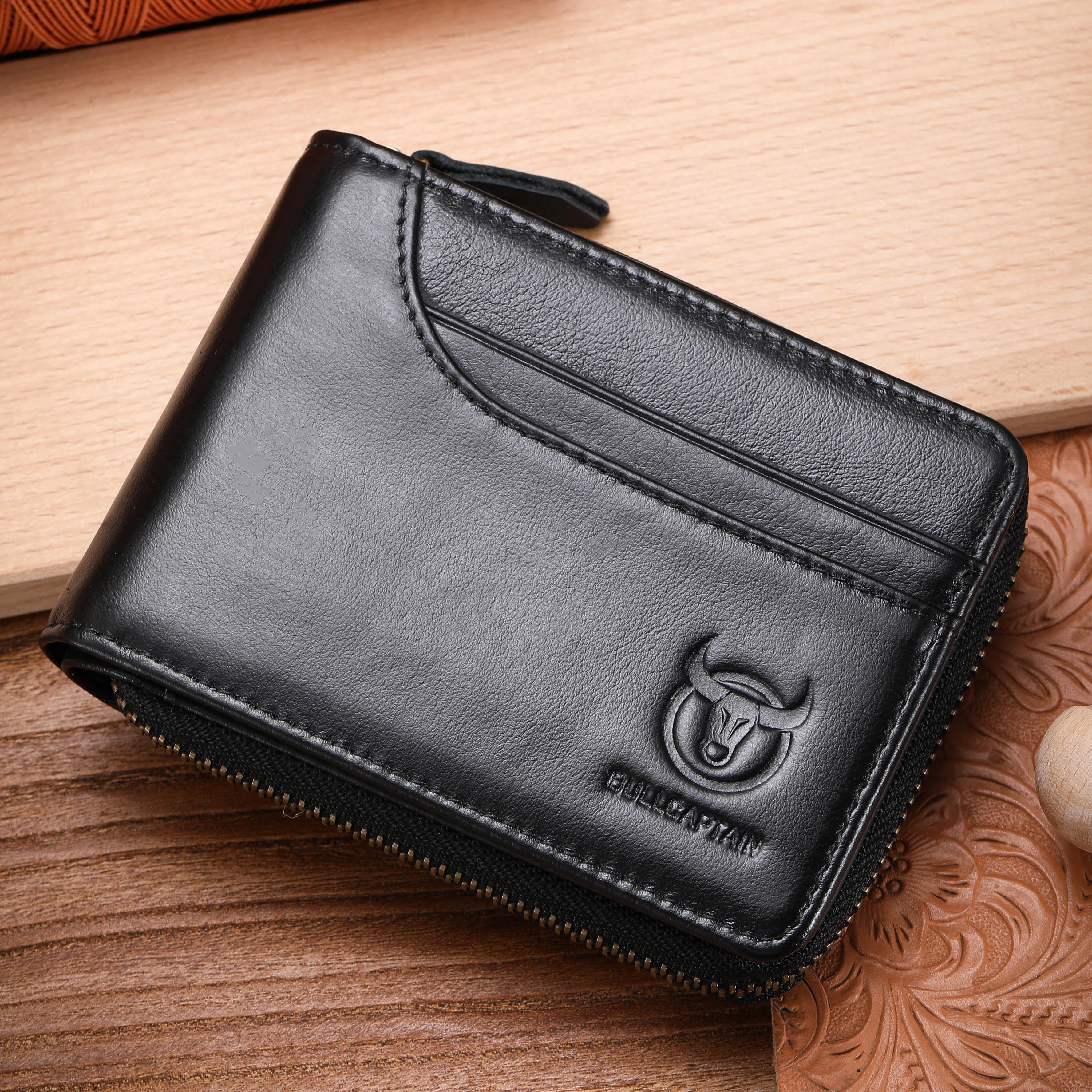 BULLCAPTAIN Men Short Wallet RFID Blocking Card Holder Cowhide Coin Purse Retro Genuine Leather Clutch Zipper Male Money Bags — BULLCAPTAIN