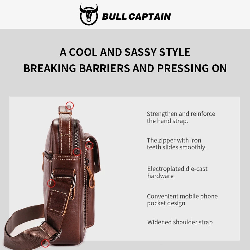 BULLCAPTIAN Men's Soft Genuine Leather Messenger Bag Business Casual Multi-functional Zipper Handheld Crossbody Bag — view 3