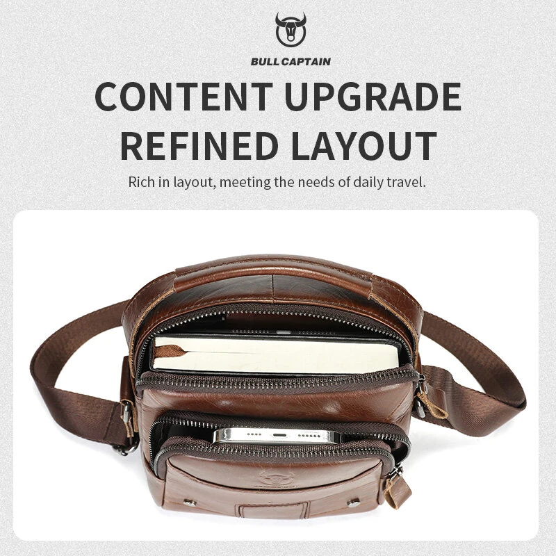 BULLCAPTIAN Men's Soft Genuine Leather Messenger Bag Business Casual Multi-functional Zipper Handheld Crossbody Bag — view 5