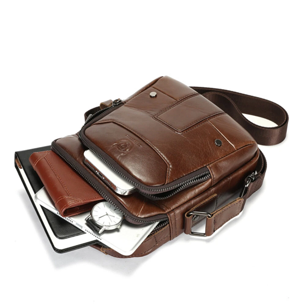 BULLCAPTIAN Men's Soft Genuine Leather Messenger Bag Business Casual Multi-functional Zipper Handheld Crossbody Bag — view 6