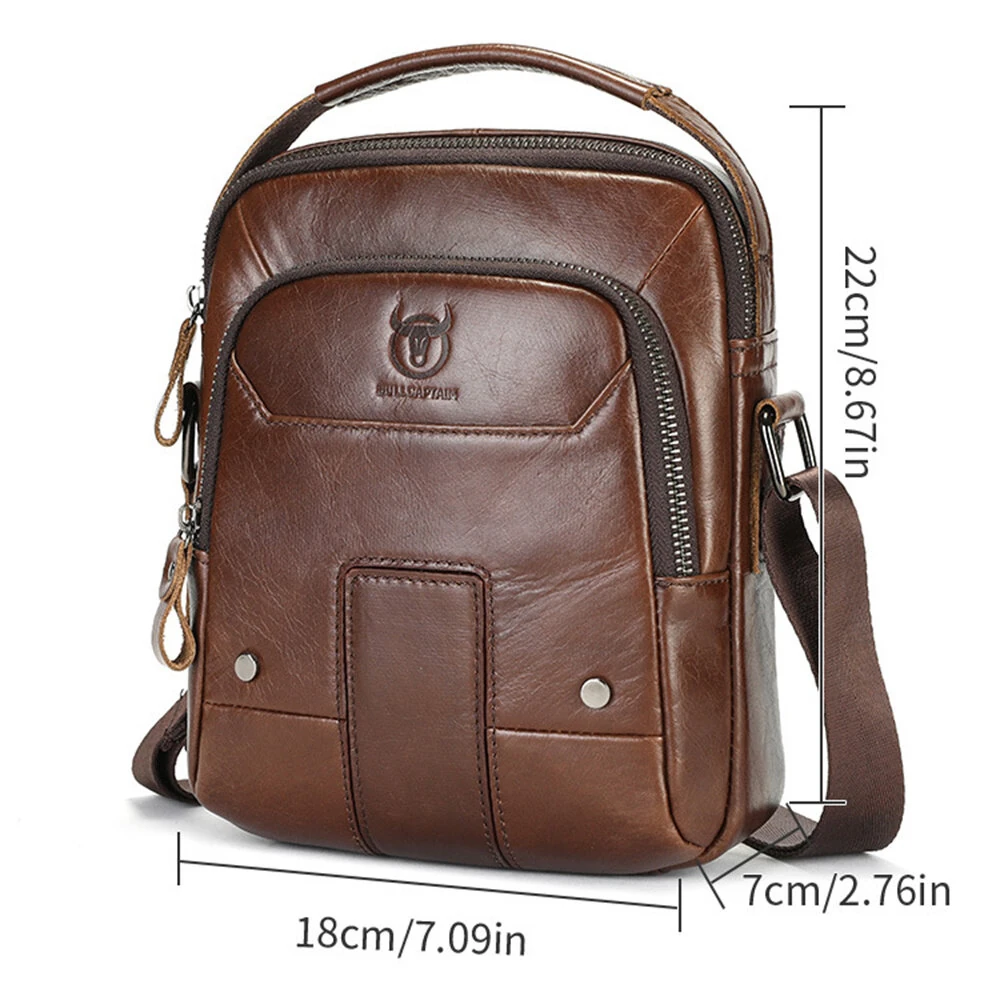 BULLCAPTIAN Men's Soft Genuine Leather Messenger Bag Business Casual Multi-functional Zipper Handheld Crossbody Bag — view 7