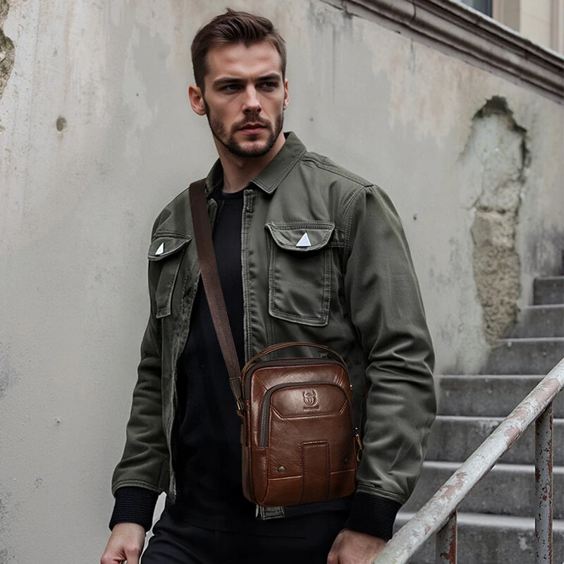 BULLCAPTIAN Men's Soft Genuine Leather Messenger Bag Business Casual Multi-functional Zipper Handheld Crossbody Bag — view 8