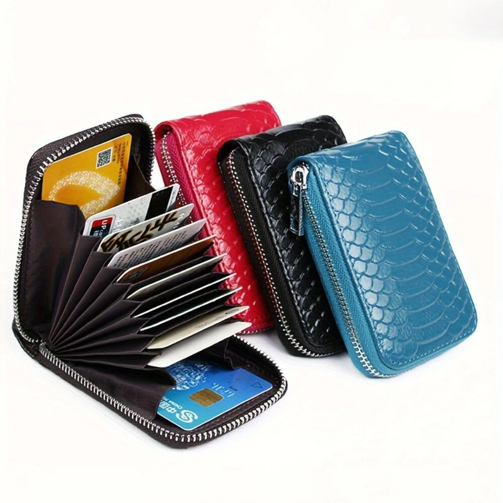 Business PU Leather ID Credit Card Holder Handbag Multi Card Leather Coin Purse Vertical Imitation Snake Texture Zipper Organ Bag — image 1