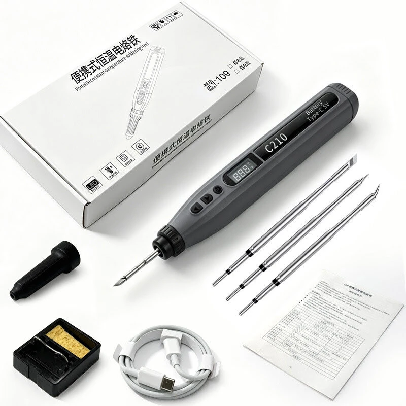 C210 USB Rechargeable Soldering Iron 3200mAH 180°C-480°C Type-C Charging LCD Digital Display 3 Integrated Tips Portable Electric Soldering Pen — view 2