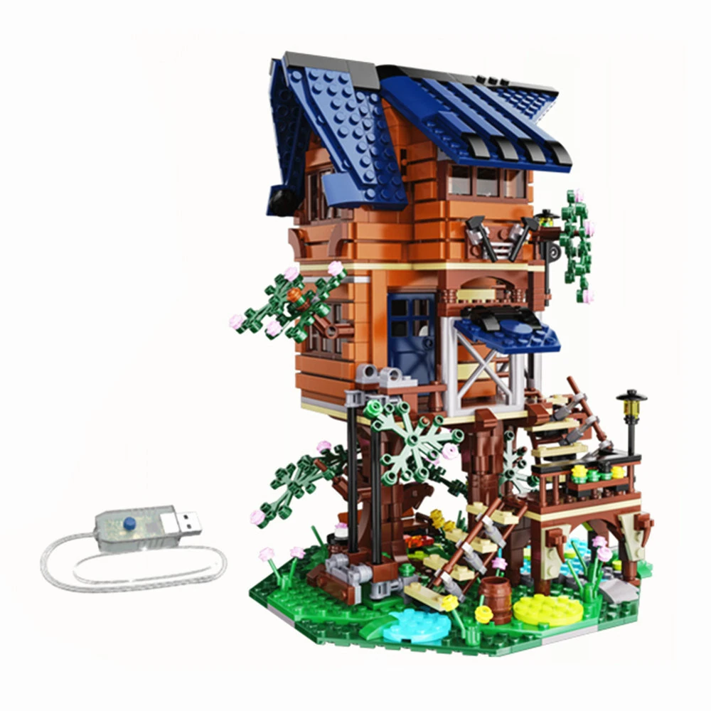 C66004 1155PCS Forest Four Seasons Tree House Architecture MOC Building Blocks with LED Light Friends Home Decoration Bricks Toys Birthday Gift