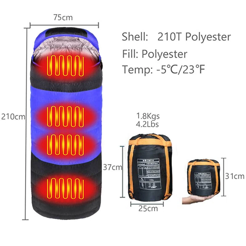 Camping Heated Sleeping Bag For Winter USB Charging 4 Heating Zones Heating Pads Portable 3 Temperature Adjustable Sleep Bag — view 8