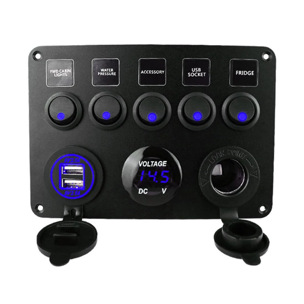 Car Boat Switch Panel Waterproof Digital Voltmeter Dual USB Port 12V Outlet Combination Marine LED Rocker 5 Gang — Pricio