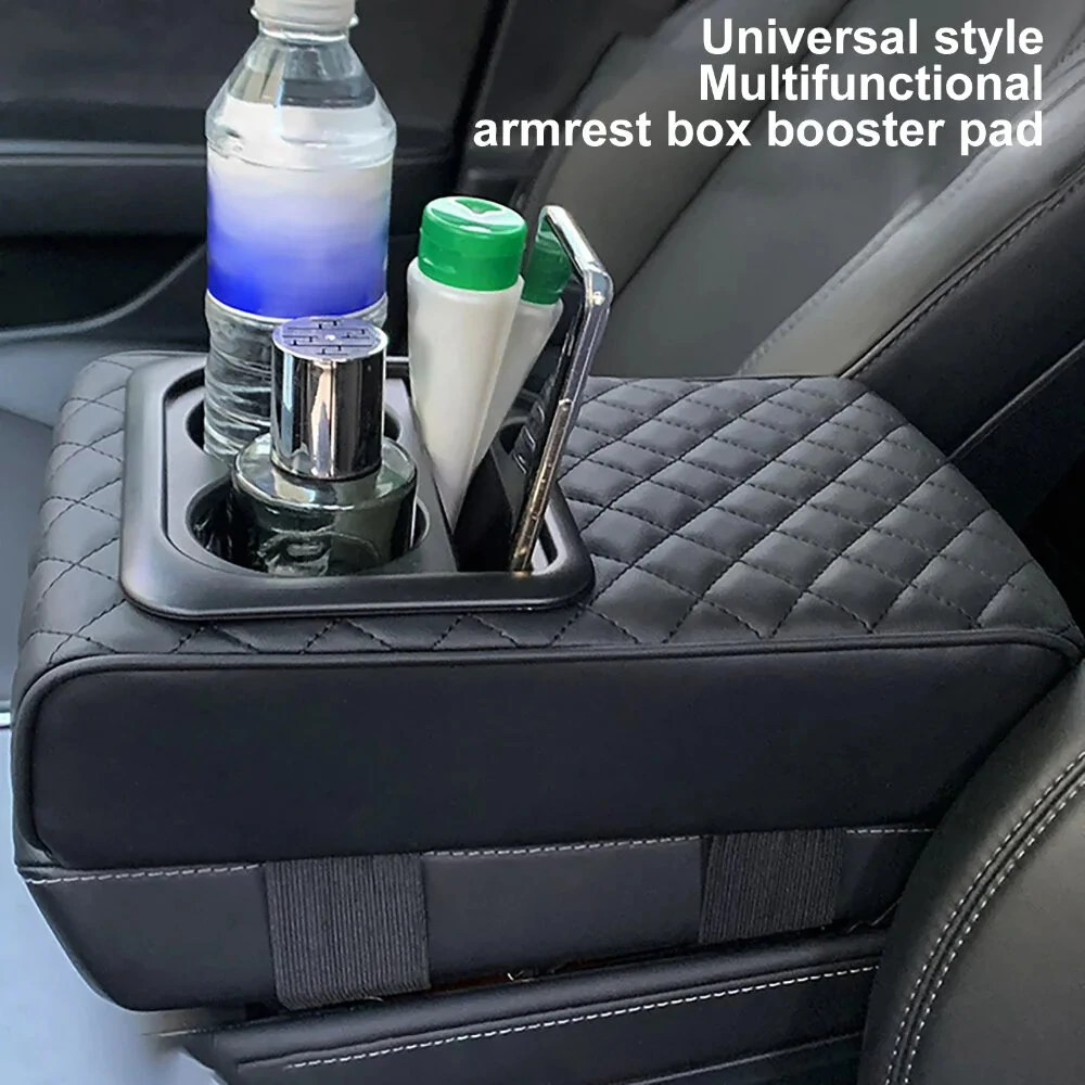 Car Center Console Armrest Cushion with 2 Cup Holders PU Leather Portable Car Armrest Pillow Height Cushion — view 4