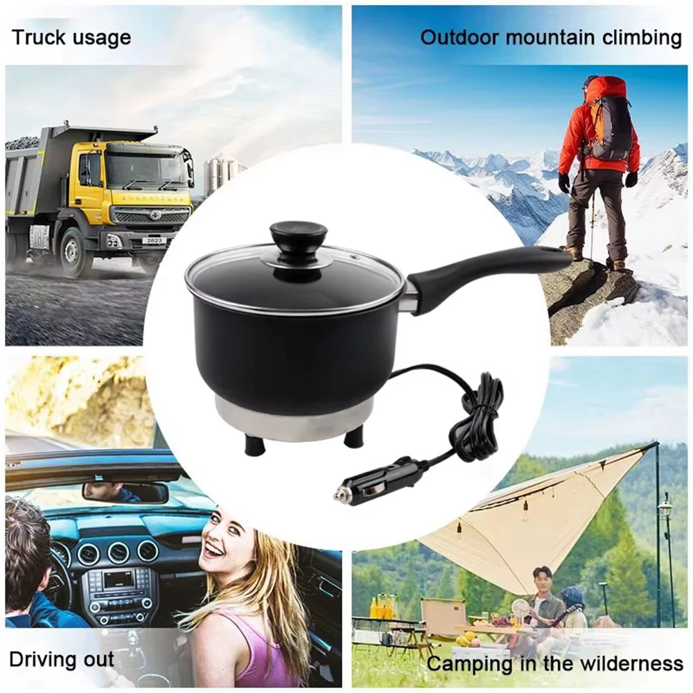 Car Electric Frying Pan 12V/24V Lighter Power Supply Cooking Pot Travel Cooker Fast Heating for Camping RV Road Trip — view 4