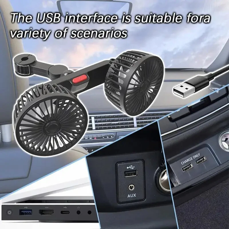 Car Fan 360° 3-speed Car Seat Back Cooling Fan USB Charge Dual Head Fan Adjustable Rotation Neck Cooler for Car Home Accessories — view 5