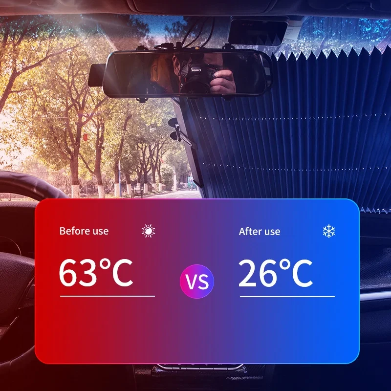 Car Front Windshield Sunshade Curtain Summer Heat Insulation Retractable Front Rear Window Sunshade Protector UV Reflective Film Car Sun Visor Cover — view 2