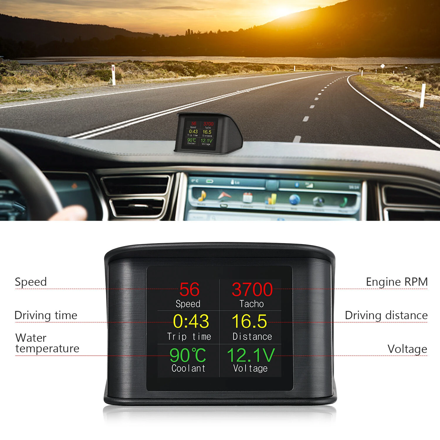 Car HUD Head-Up Display High Definition OBD2 Portable LCD Driving Display Smart Digital Meter Alarm System Speedometer Mileage Water Temperature Turbo Pressure Gauges — view 10