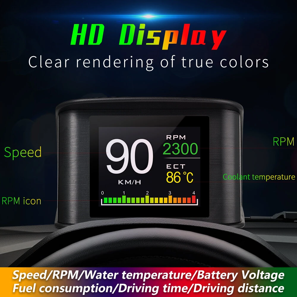 Car HUD Head-Up Display High Definition OBD2 Portable LCD Driving Display Smart Digital Meter Alarm System Speedometer Mileage Water Temperature Turbo Pressure Gauges — view 2