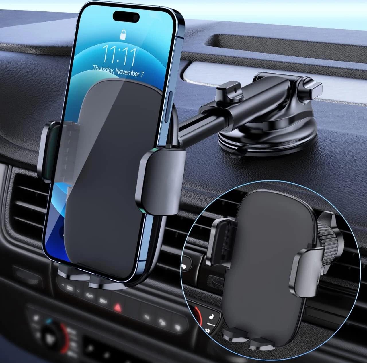 Car Phone Mount Adjustable Air Vent Dashboard Stand Gravity Phone Holder Spiral Hook + Suction Cup Style Navigation Fixed Instrument Console Mobile Phone Support Bracket — image 1