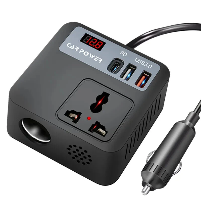 Car Power Inverter 12V 24V to 220V 150W Multiple USB Ports QC3.0 PD Fast Charging LED Voltage Display Portable Converter Adapter Vehicle Accessory