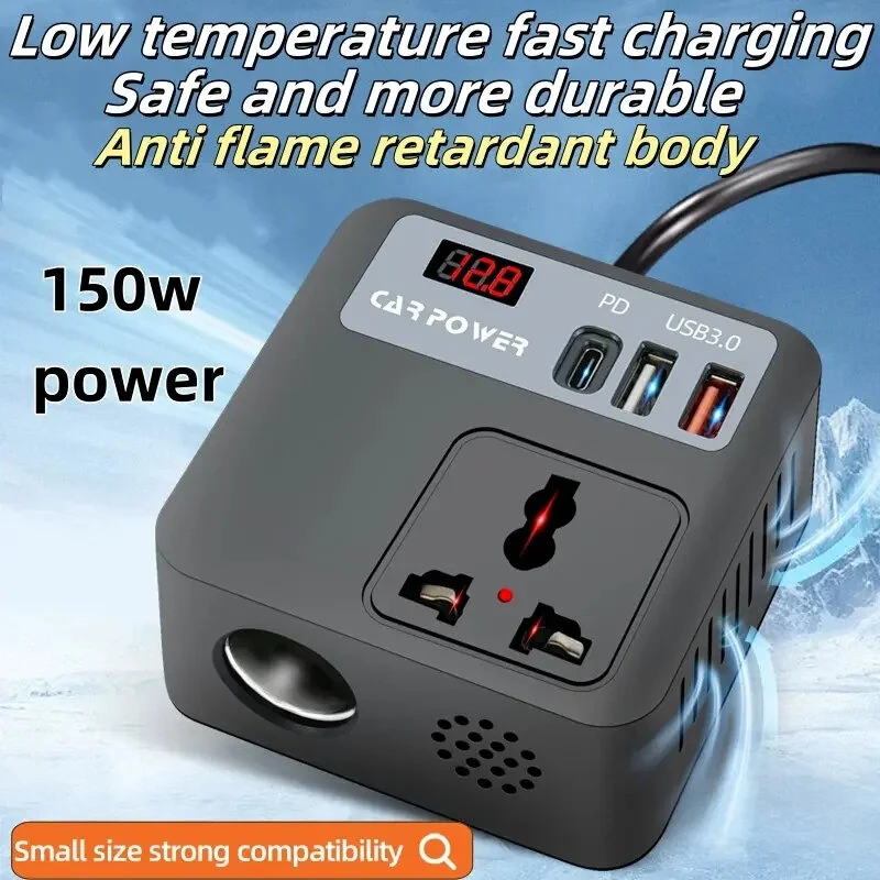 Car Power Inverter 12V 24V to 220V 150W Multiple USB Ports QC3.0 PD Fast Charging LED Voltage Display Portable Converter Adapter Vehicle Accessory — view 3