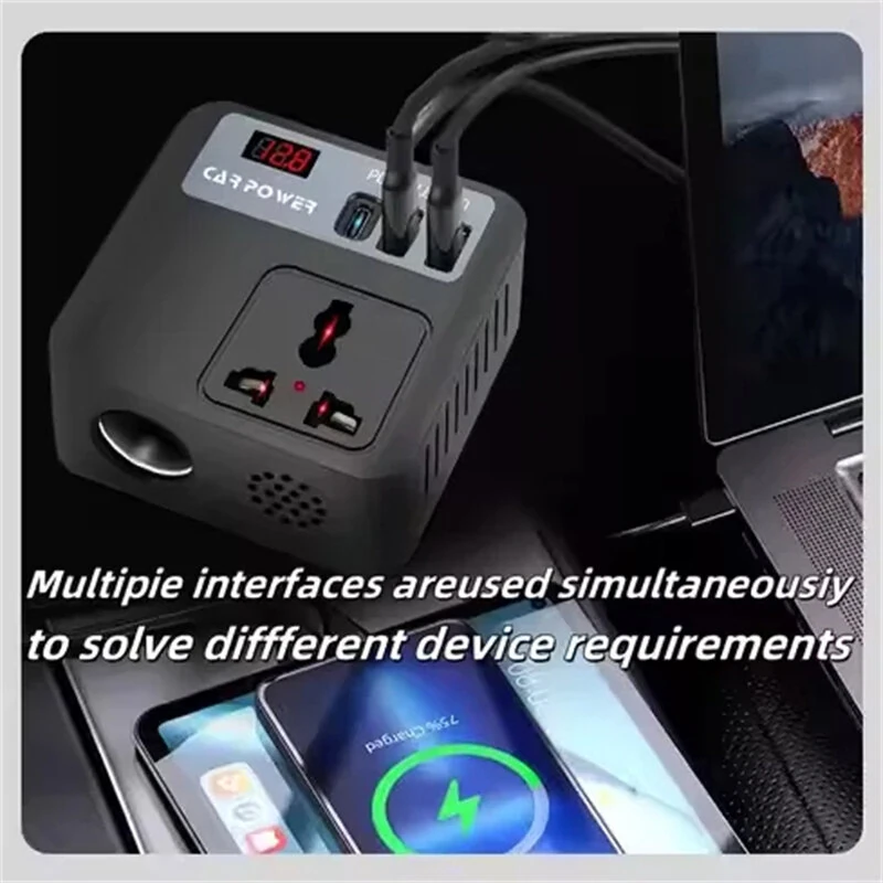 Car Power Inverter 12V 24V to 220V 150W Multiple USB Ports QC3.0 PD Fast Charging LED Voltage Display Portable Converter Adapter Vehicle Accessory — view 6