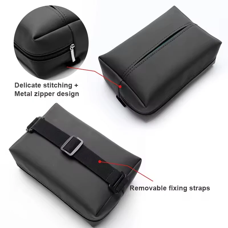 Car Tissue Box Holder PU Leather Car Center Console Armrest Napkin Box Sun Visor Back Seat Tissue Box With Fixed Strap — view 2