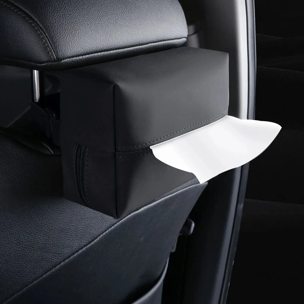 Car Tissue Box Holder PU Leather Car Center Console Armrest Napkin Box Sun Visor Back Seat Tissue Box With Fixed Strap — view 5